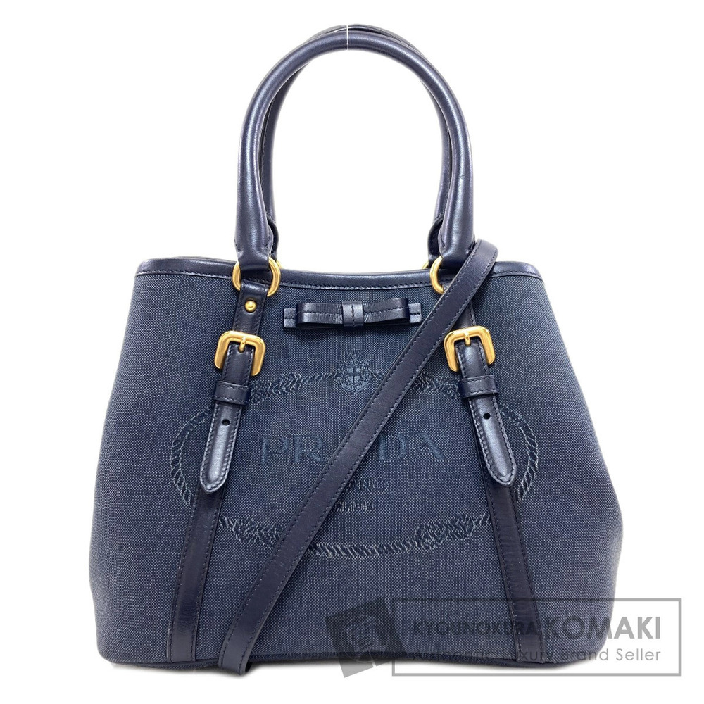 Prada Logo Jacquard 2Way Handbag navy canvas leather embroidered